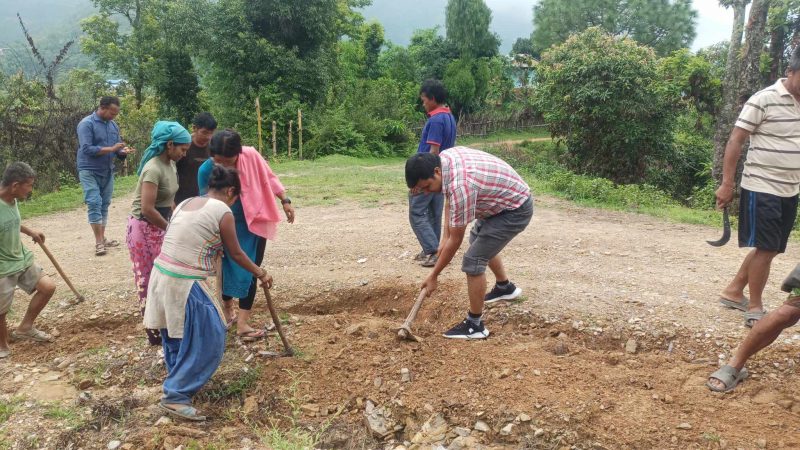 प्युठानको मल्लरानी-३ का वडाध्यक्ष सहित सयौंको सहभागितामा जनश्रमदान मार्फत बाटो मर्मत