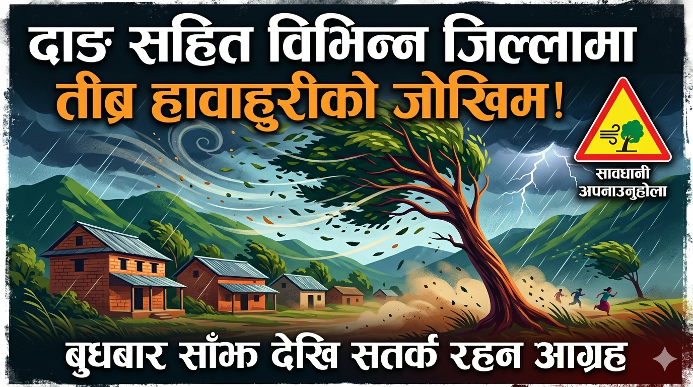 दाङ सहित विभिन्न जिल्लामा बुधबार साँझ देखि तीव्र हावाहुरीको जोखिम, सतर्क रहन आग्रह